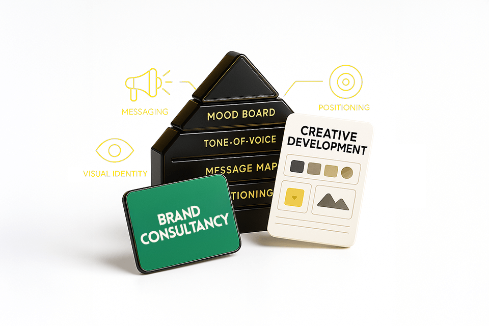 Brand strategy and creative design process with messaging, positioning, and visual identity elements.