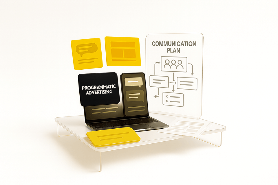 Communication strategy and planning illustration showing digital messages, flowchart, and content layout design.