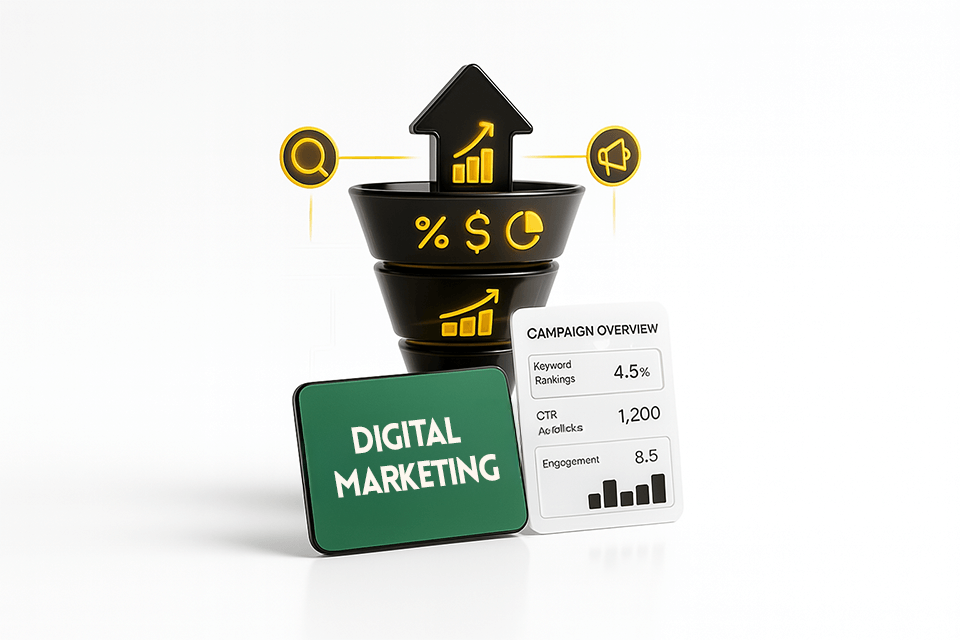 Digital marketing and performance growth concept showing campaign funnel, analytics, and engagement metrics.