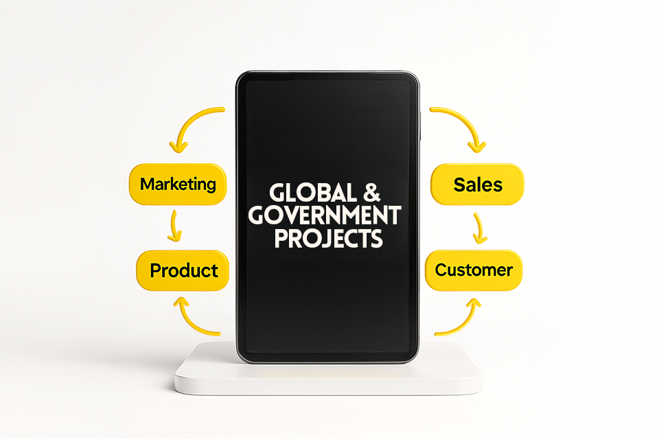 Integrated growth solutions diagram with marketing, product, sales, customer