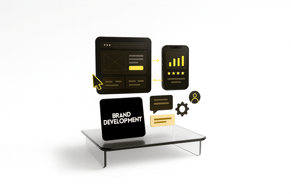 User experience and technology solutions illustration showing web design, mobile interface, and digital interaction icons.
