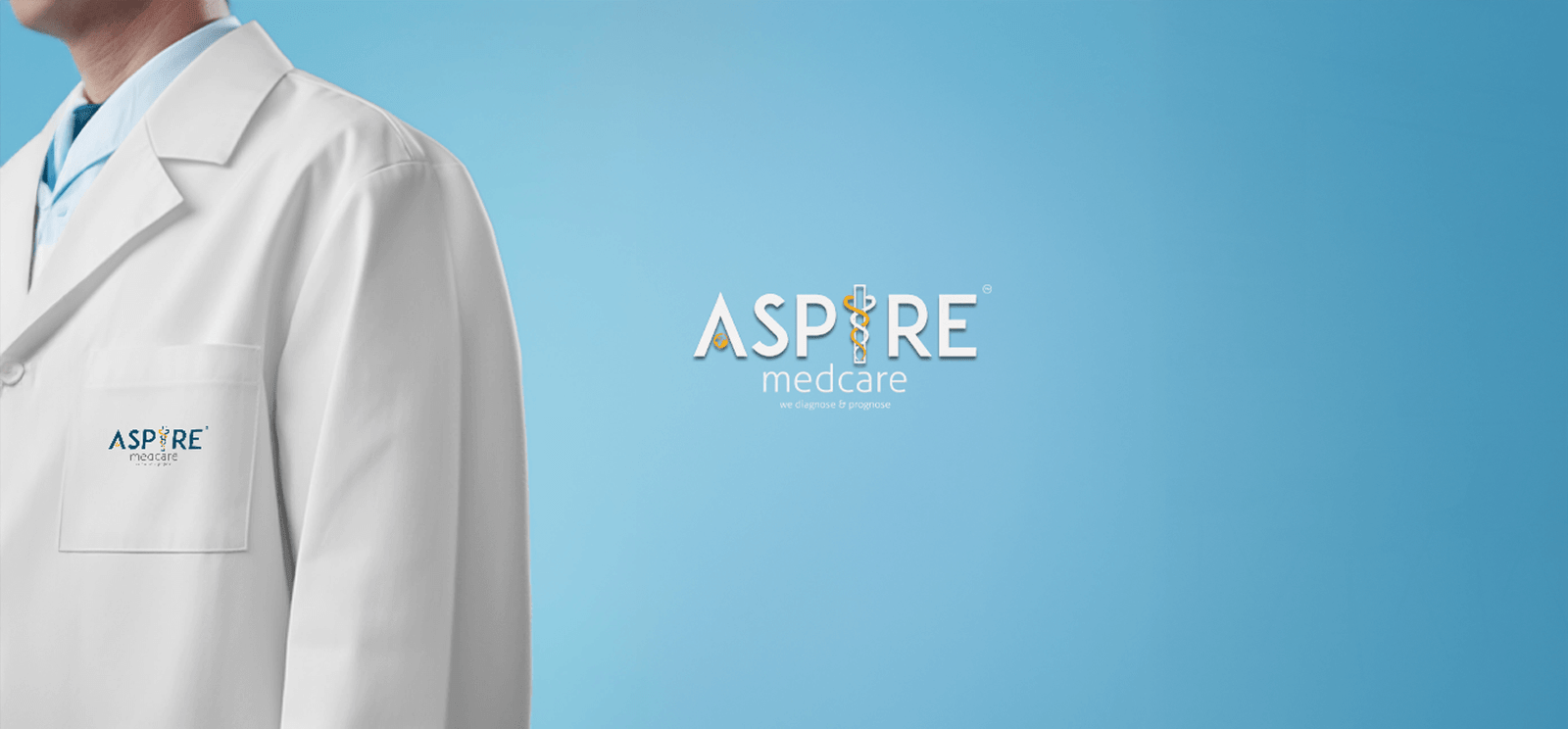 Aspire Medcare branding with doctor’s white coat and medical logo on blue background