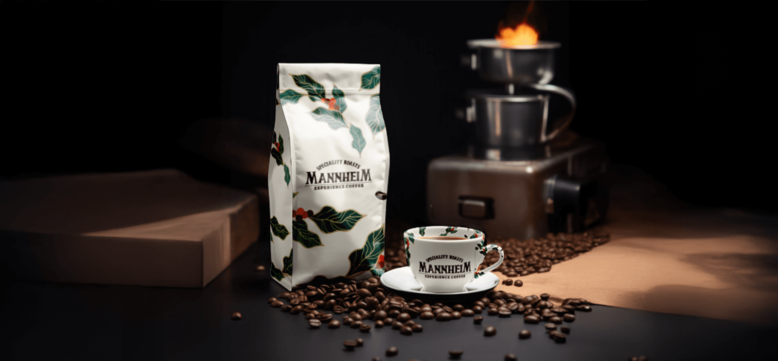 Mannheim Coffee branding with specialty roast coffee bag, cup, and roasted coffee beans.