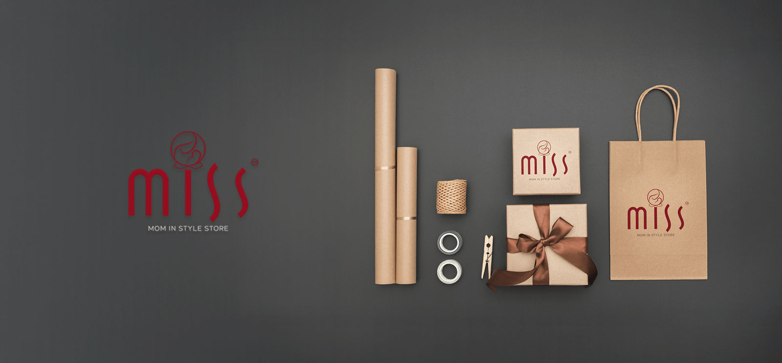 MISS Mom In Style Store branding with packaging, gift boxes, and paper bag design.