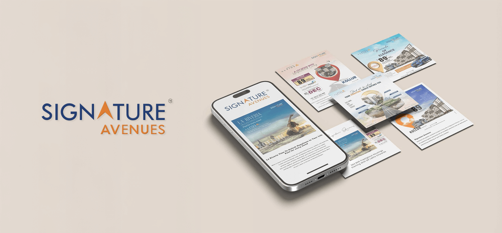 Signature Avenues branding with digital brochures and mobile interface showcasing real estate promotions.