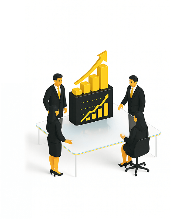 Digital marketing team discussing business growth strategy and performance analytics report.