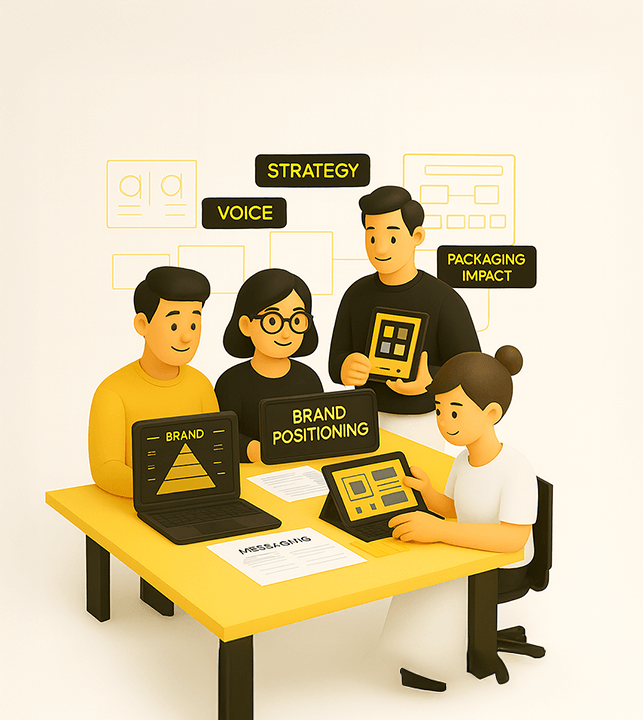 Brand positioning and marketing strategy team discussing voice, packaging, and branding impact.