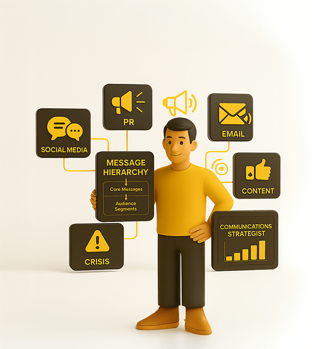 Communication strategist managing PR, email, social media, and content marketing strategy.