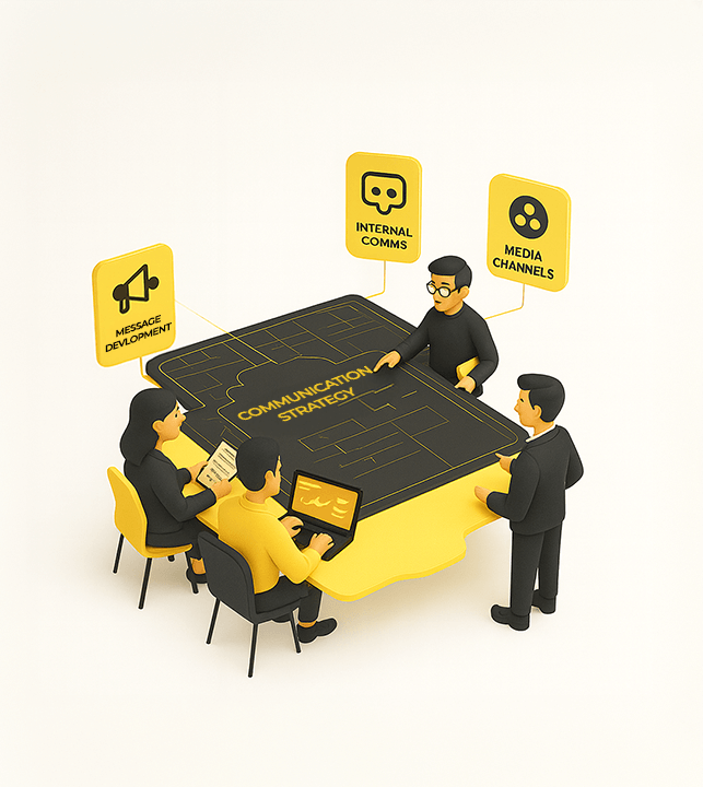 Team planning communication strategy with message development, media channels, and internal digital marketing strategy development