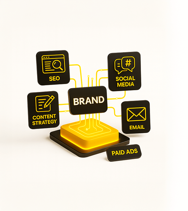 Digital marketing ecosystem connecting SEO, social media, paid ads, and email for brand growth.