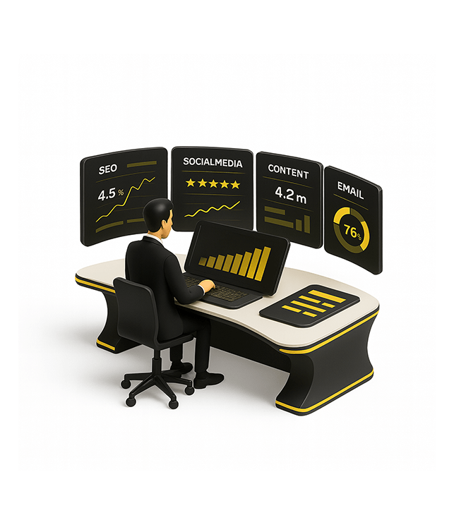 Marketing analyst monitoring SEO, social media, and content performance dashboards for campaign optimization.