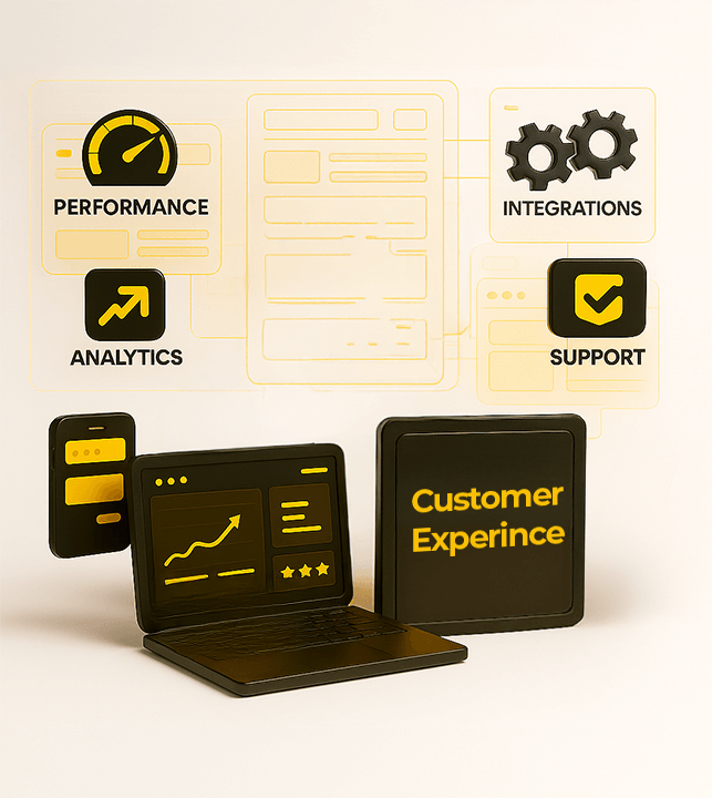 Customer experience analytics dashboard showing performance, integrations, and support metrics for brand growth.